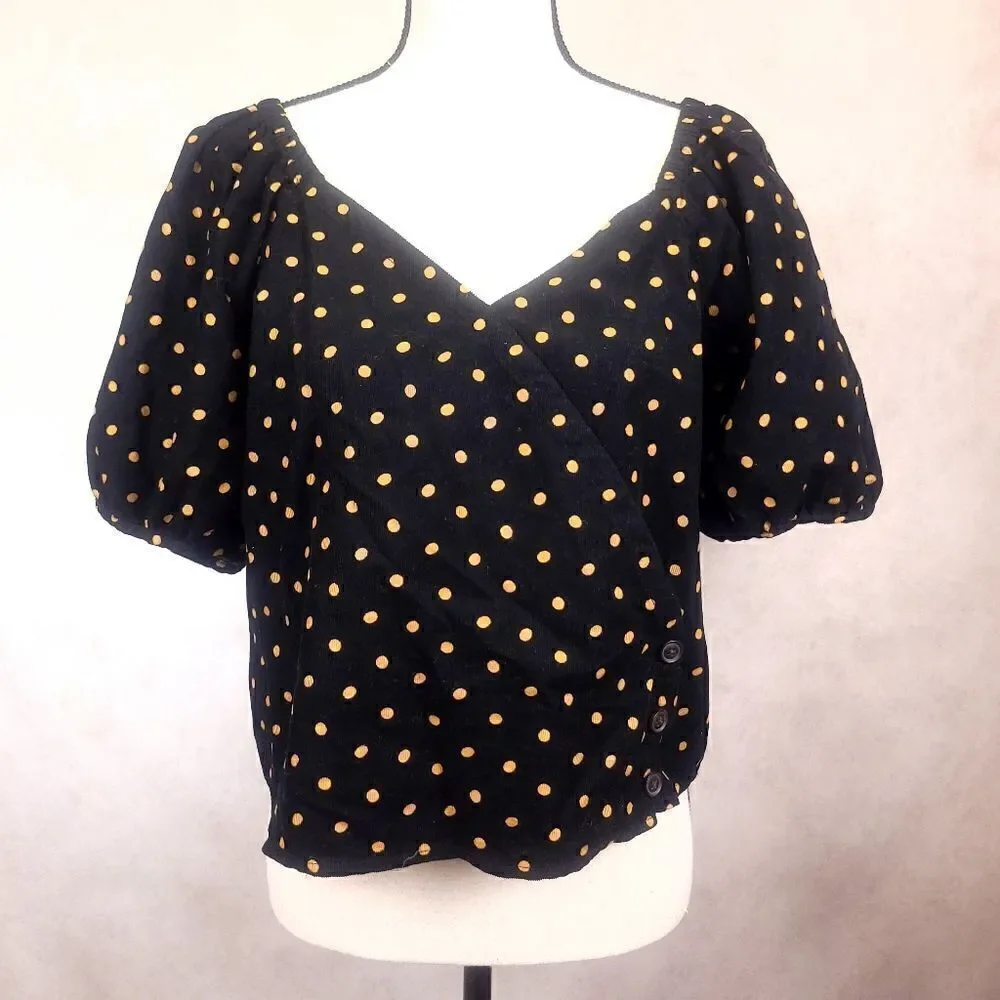 Madewell Corduroy Black Yellow Polka Dot Wrap Top with Puff Sleeve Med